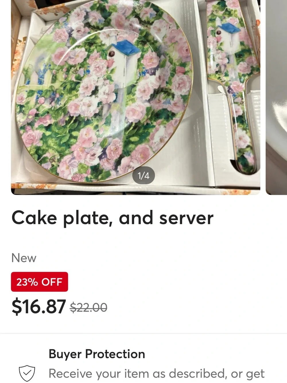 Porcelain Cake Plate & Server with Pink Rose and Green Foliage
